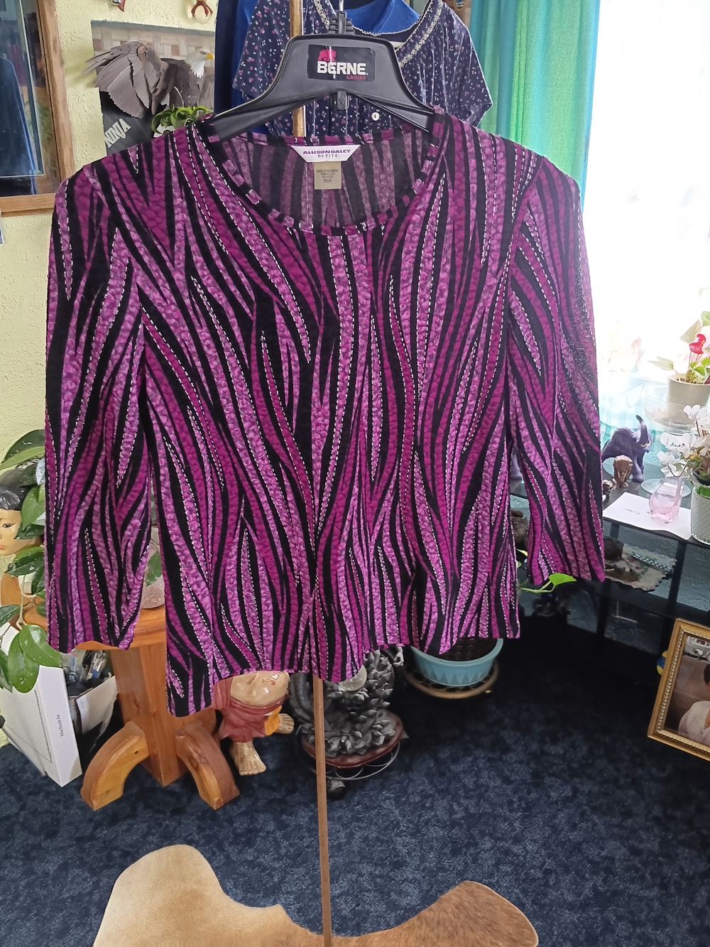 Allison Daley Petite Black and Purple Striped Knit Top